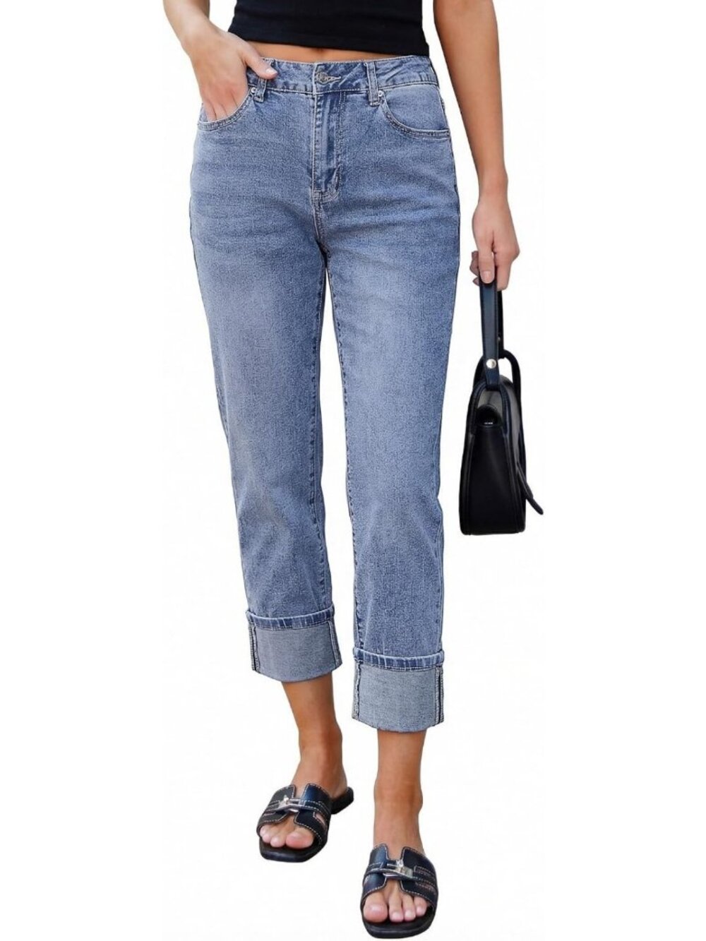 Trendy High Waisted Cropped Straight Leg Jeans for Women - Stretchy Boyfriend